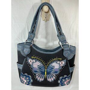 Butterfly Embroidered Black and Blue Shoulder Bag